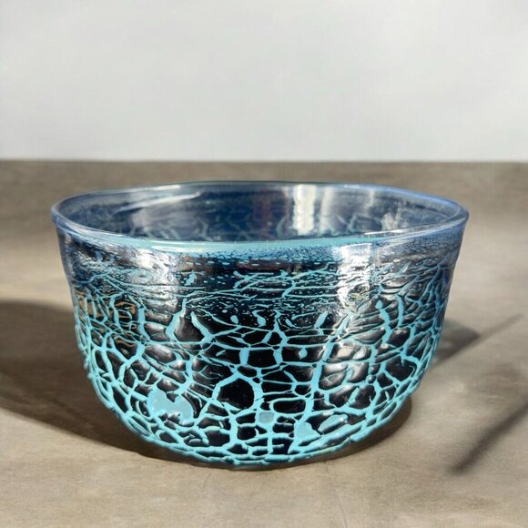 1987 Hand Blown Art Glass Large Bowl Dish Lava Glaze Finish Blue Black Signed - Picture 2 of 16